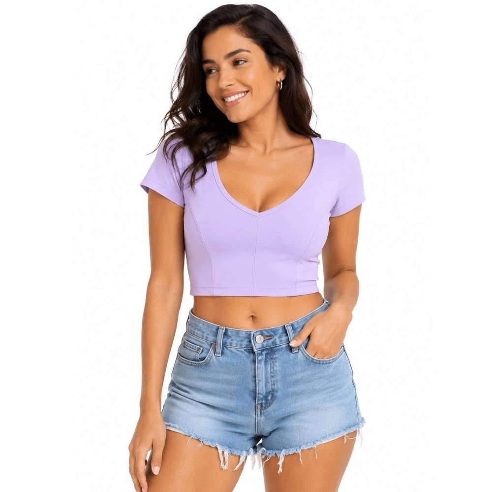 OFFLINE‎ by Aerie Womens Purple V-Neck Ribbed Crop Top Shelf Bra XL Short Sleeve